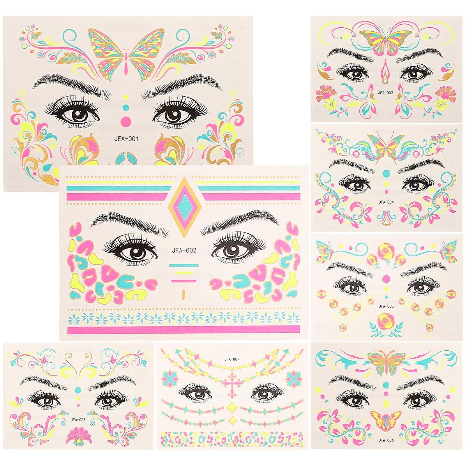 Gold Glitter Fluorescent Face Tattoo Sticker Paper Material 8 Sheets