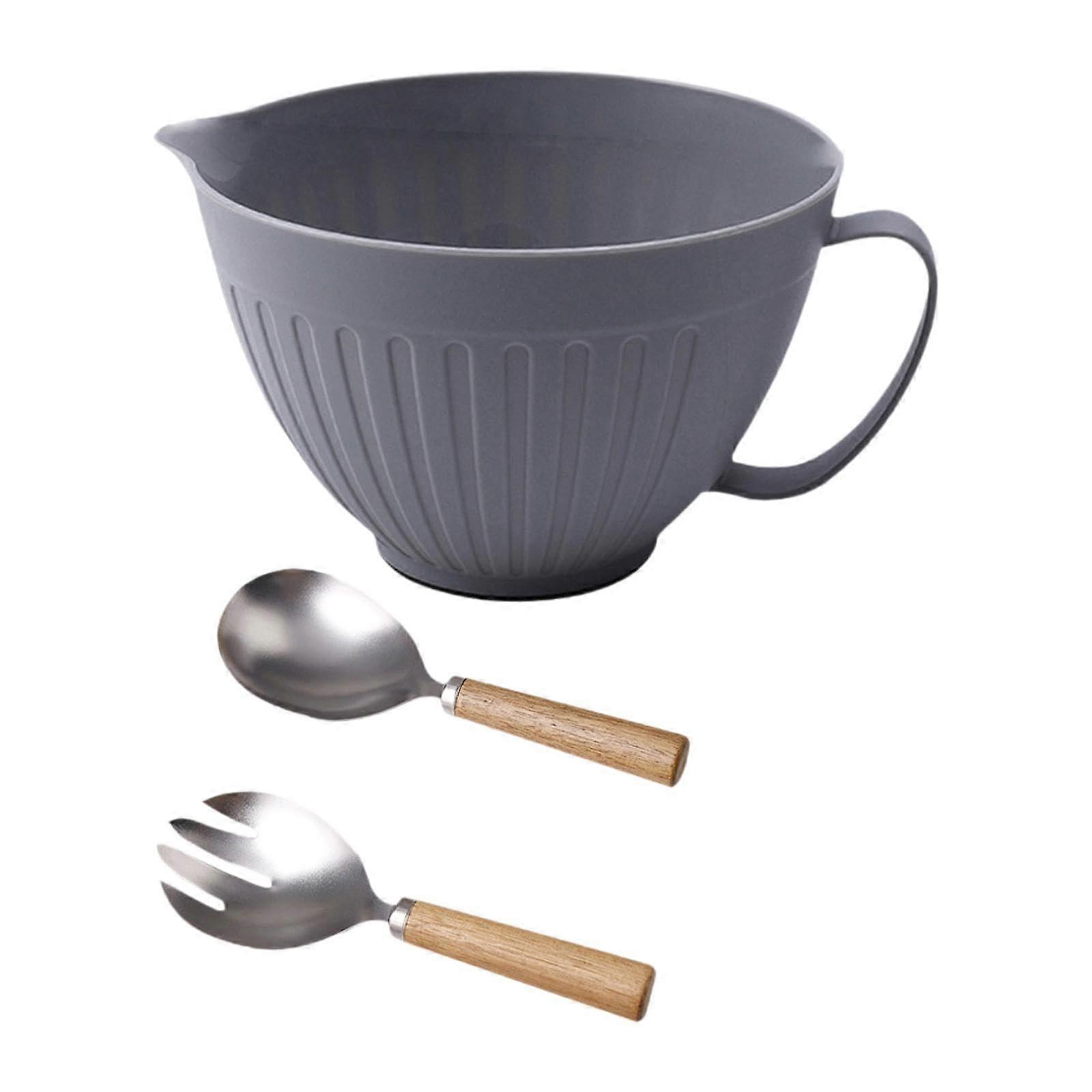 Large Mixing Bowl with Handle and Spout for Baking and Cooking, Gray with Fork