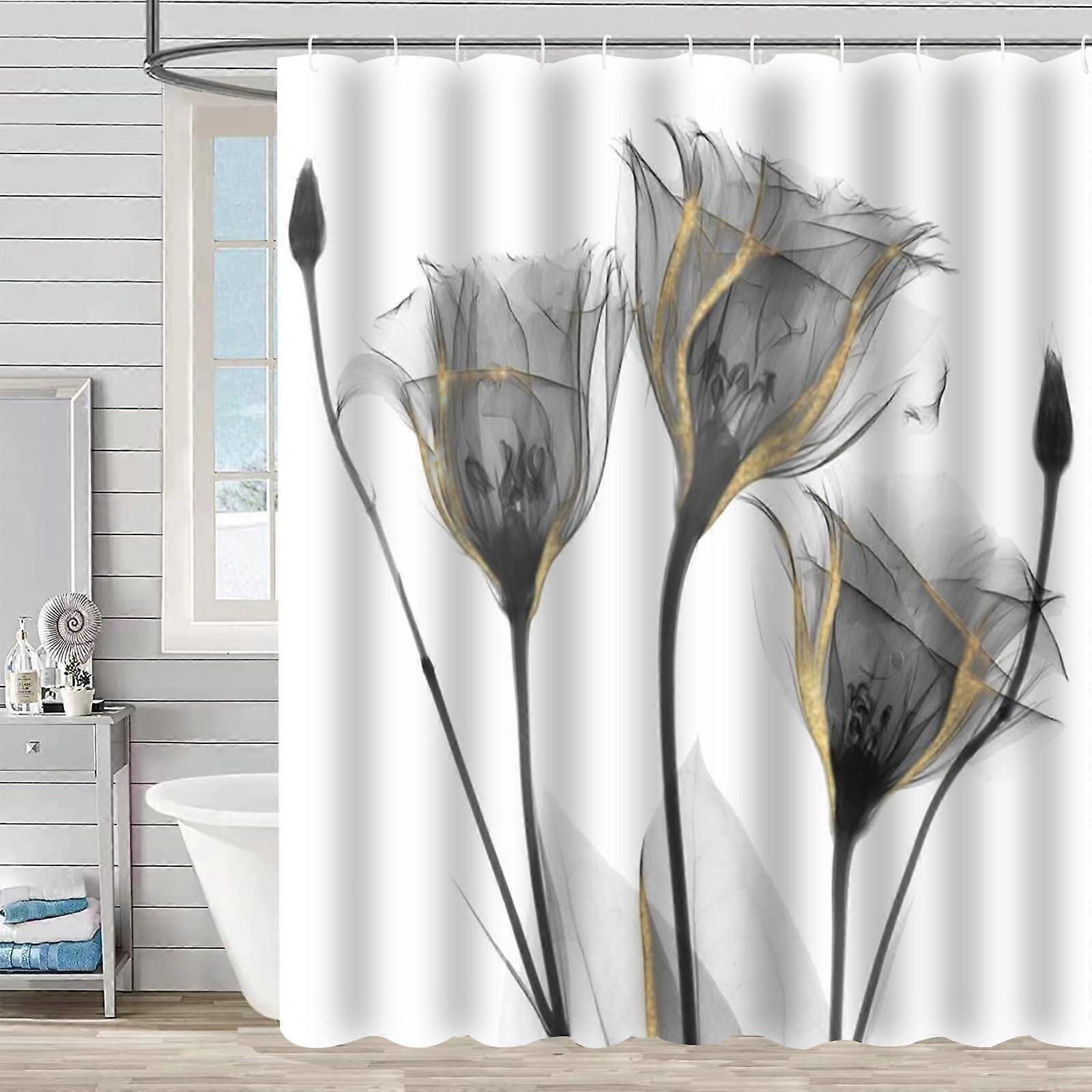 Grey Floral Shower Curtain 72x72 Waterproof Polyester Bathroom Curtain with Hooks and Grey Tulip Design