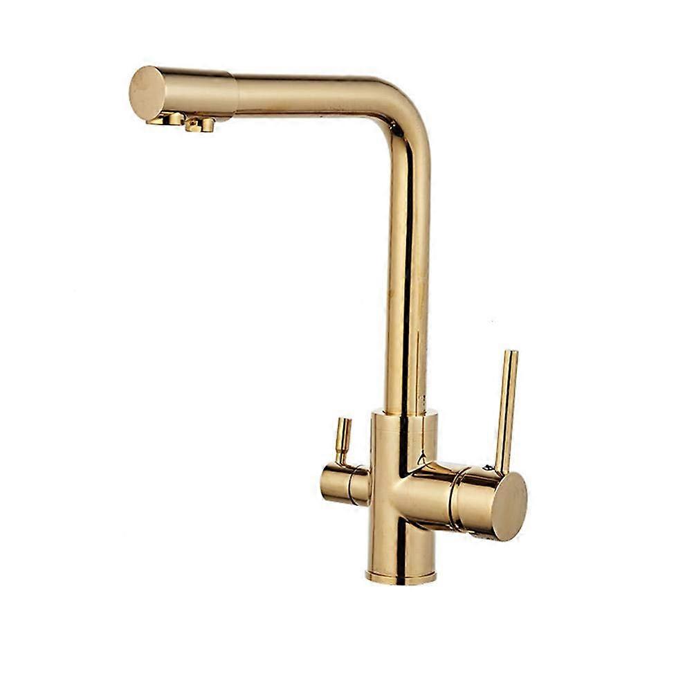 Gold 3 Way Kitchen Tap with Water Filter, Dual Handle Control and Swivel Spout Design