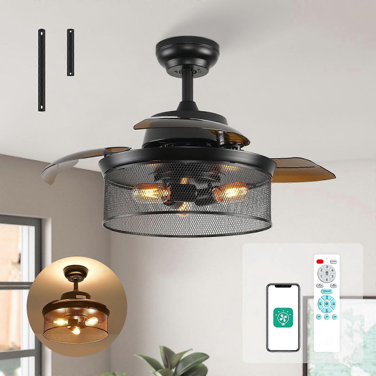 36'' Retractable Ceiling Fan with Light and Remote, Low Profile Design, Adjustable LED Backlight, App Control