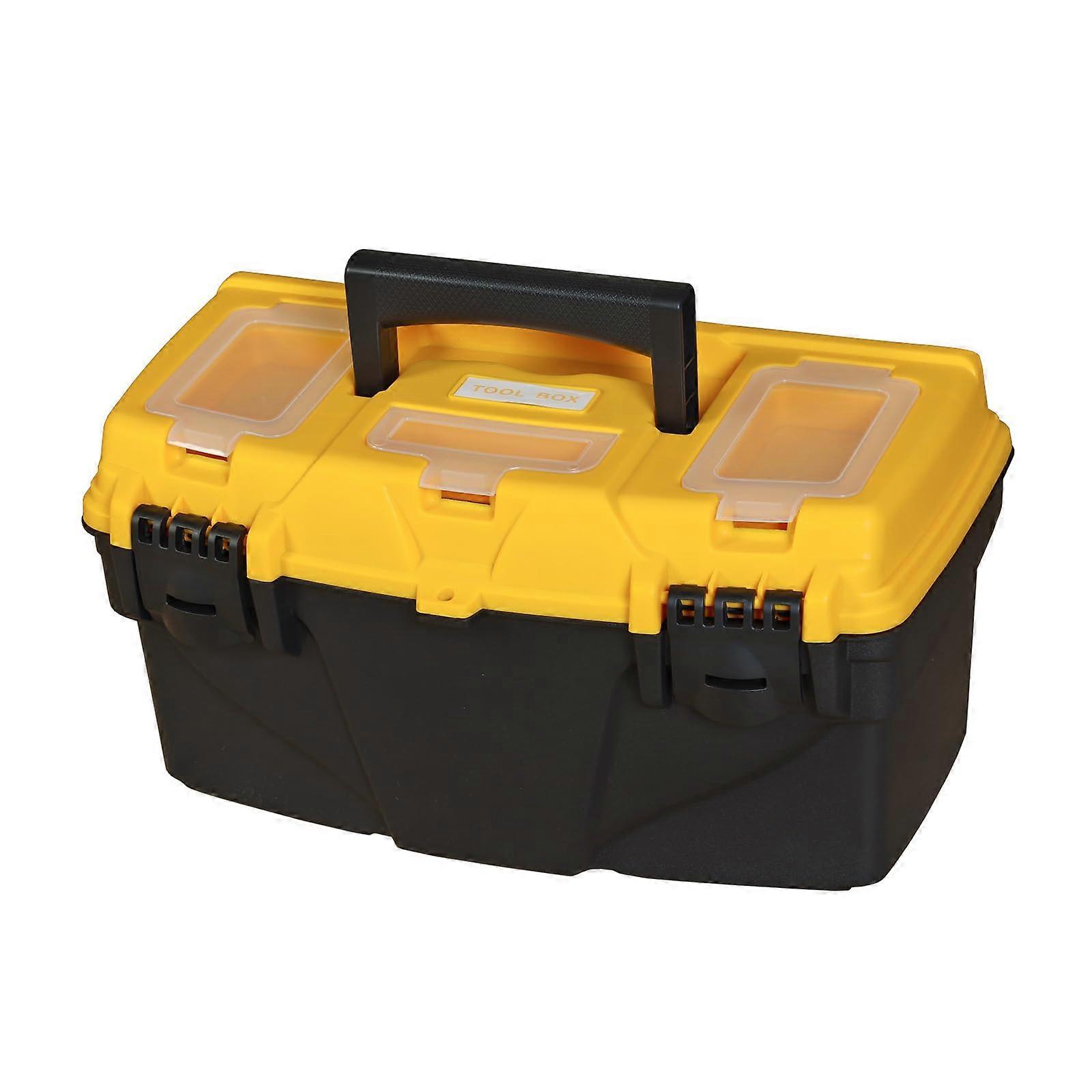 15.5 Inch Plastic Storage Toolbox with Secure Lock, Removable Tray and Screw Boxes, Black/Yellow