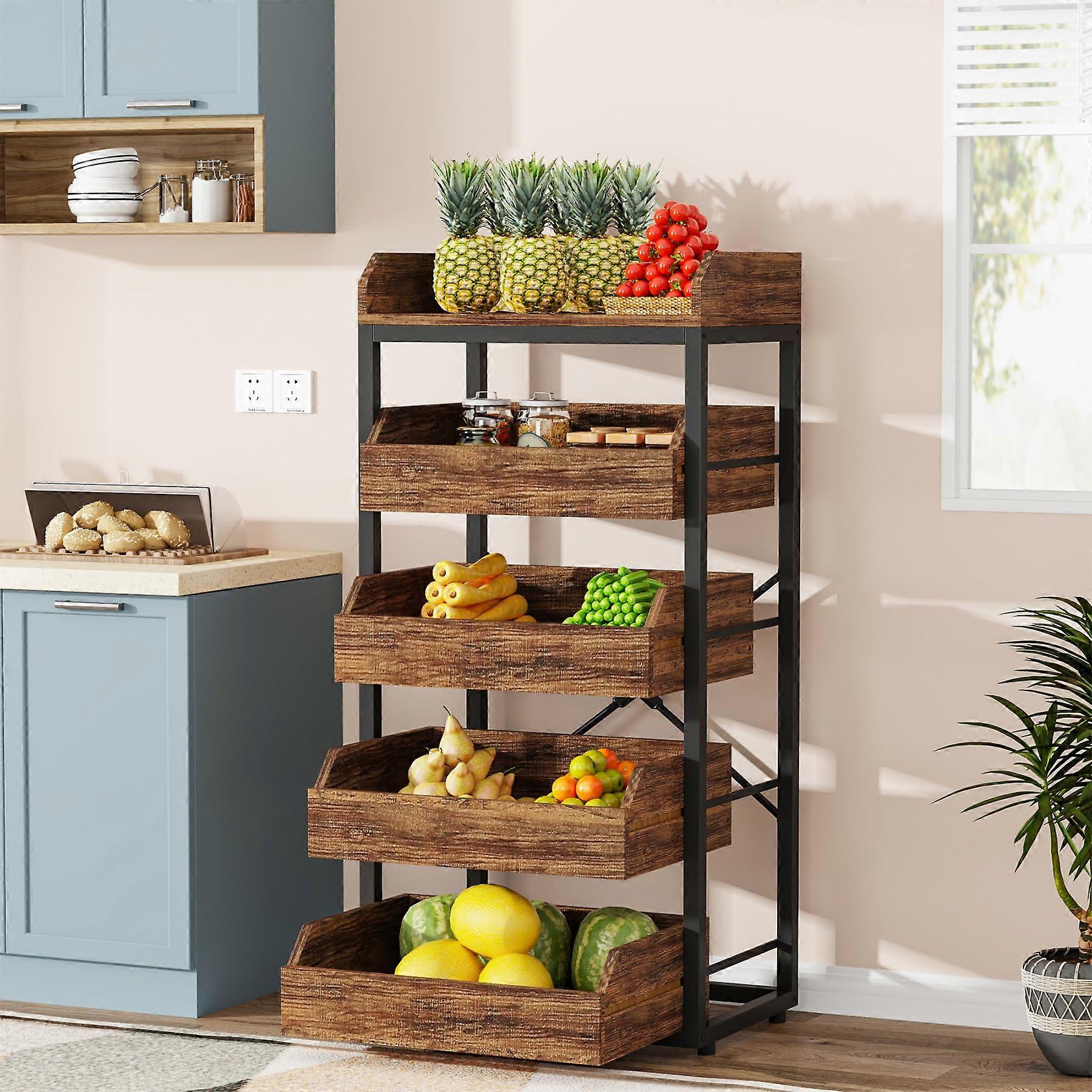 Vegetable Storage Rack, 5Tier PullOut Wooden Fruit Organizer, Rustic Brown Large Capacity Shelf