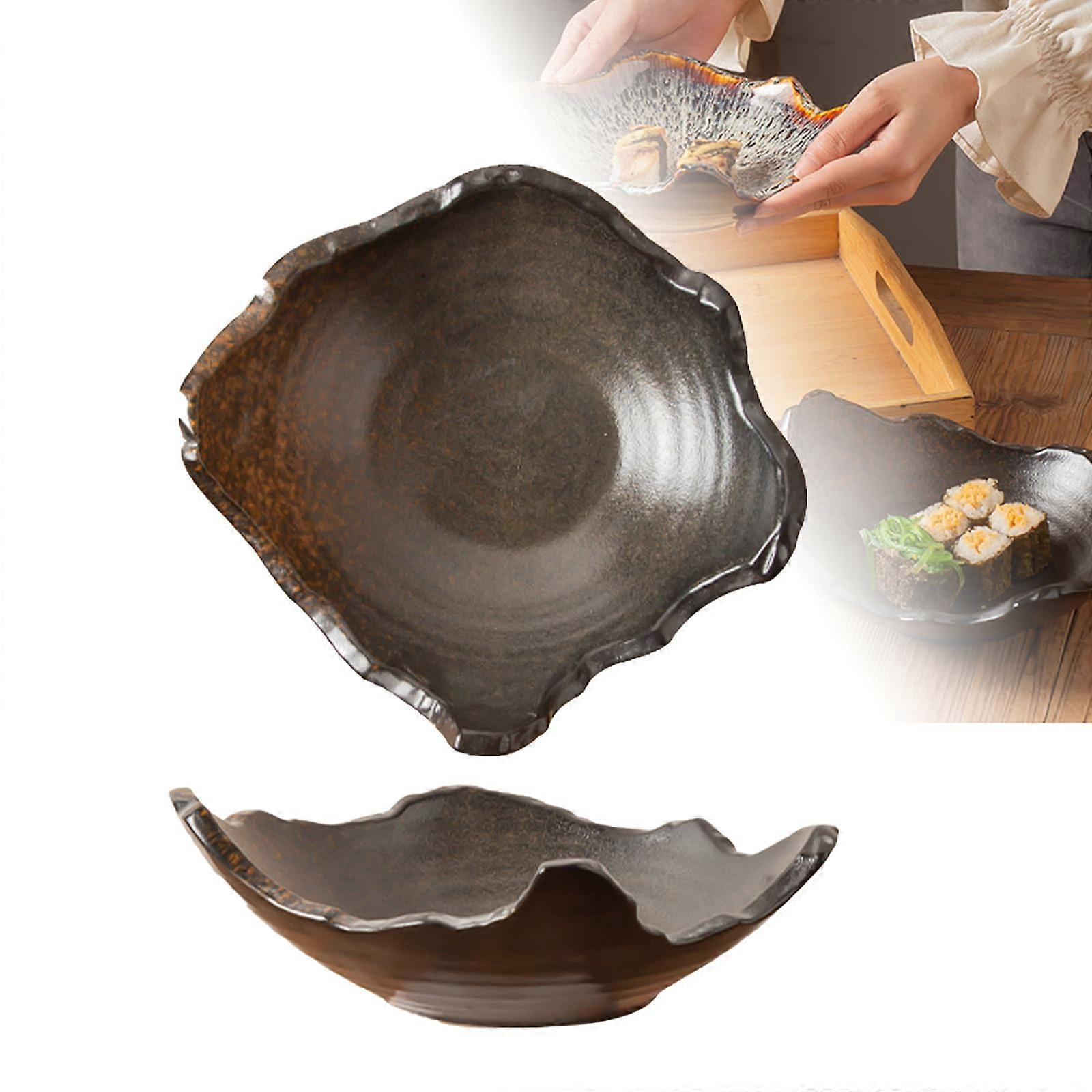 Ceramic Serving Bowl with Irregular Wavy Rim, Reactive Glaze Decorative Fruit Dish for Home