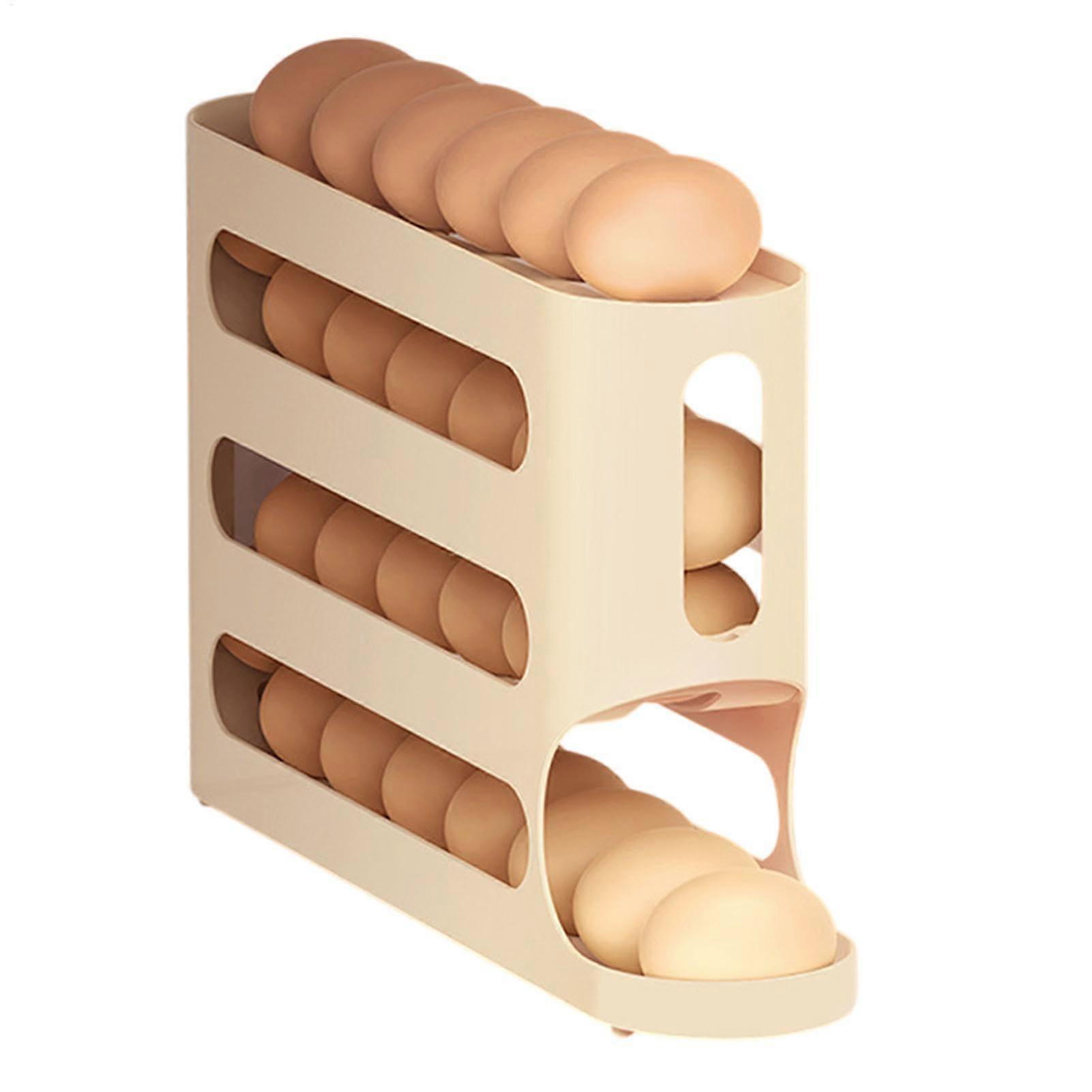 Egg Holder for Refrigerator, 4 Layer Automatic Rolling Dispenser, Large Capacity Space Saving Organizer, Beige Yellow