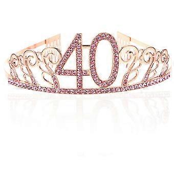 25-26 Verjaardagskroon met kristallen en strasssteentjes, geschikt als dansfeesthoofdband, haarspeld of haarkam voor een 40e verjaardag (roségoud)