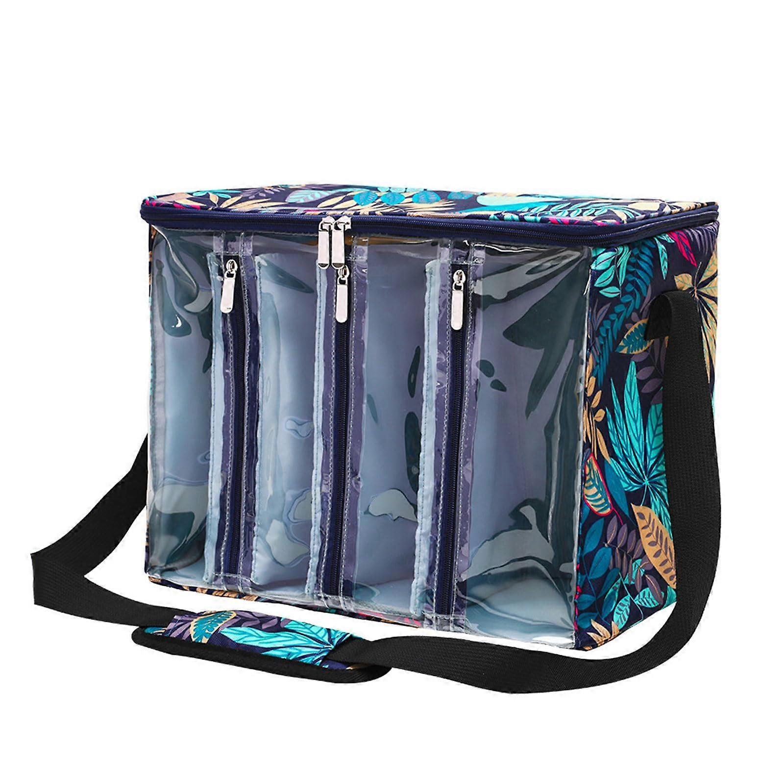 Travel Friendly Knitting Storage Bag with Clear View DustProof Oxford Fabric Blue Leaf Pattern