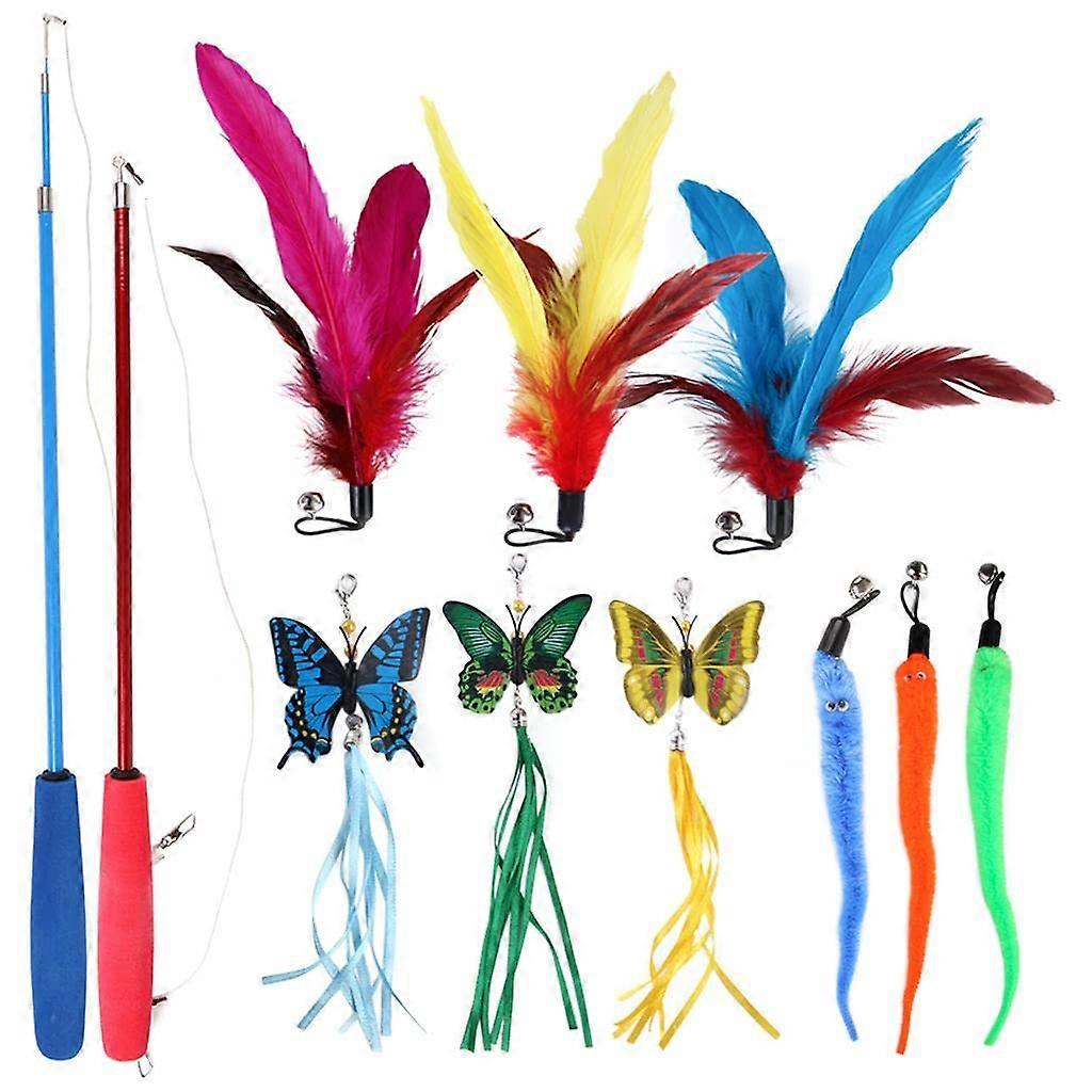 11Pcs Cat Feather Toy Set with Telescopic Wand for Interactive Indoor Kitten Exercise