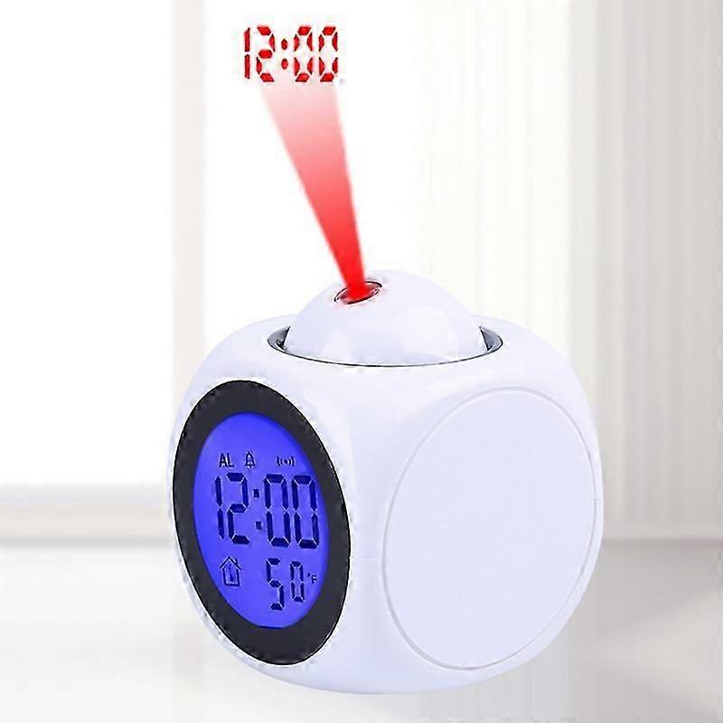 Multi-Function Projection Alarm Clock Voice Announcing LCD Digital Display Temperature Timer with USB Cable White for Bedroo