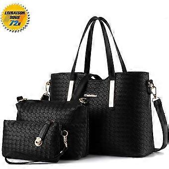 Black Bag Set - Handbag + Shoulder Bag + Clutch - Women's Bag Weaving Style