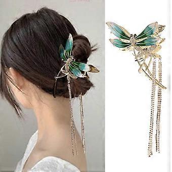 Pinza para el cabello de metal con diseño de libélula hueca vintage, 1 unidad. Sujetador de coleta para mujer con borla, color verde.