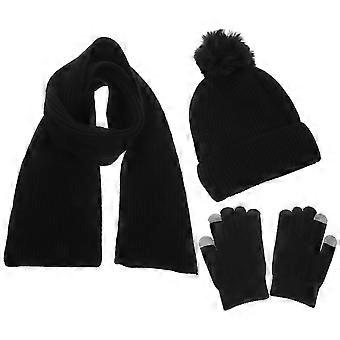 1 Set Winterhandschuhe Mütze Schal Damen Kostüm Set Winter Warmer Schal Touchscreen Handschuhe Set zum Reiten Schwarz