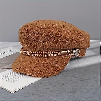 Women's Warm Newsboy Cap with Beaded Rope Trim, Solid Color Wide Flat Brim, Thick Autumn Winter Hat for Casual Commute and Travel