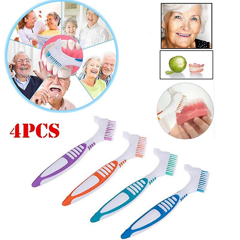 4Pc Denture Teeth Toothbrush Easy Grip Handle Double Sided Toothbrushes