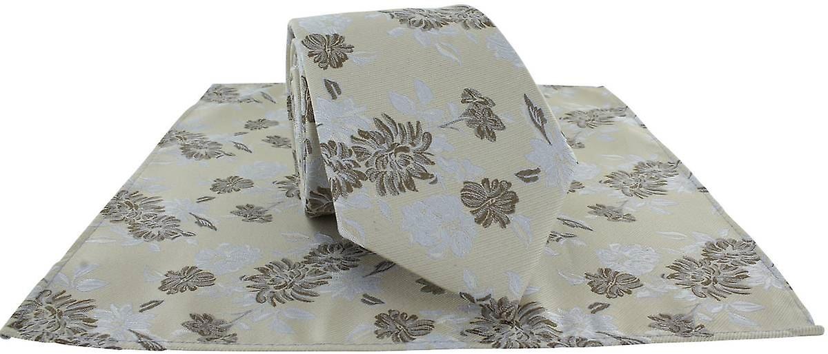 Michelsons of London Summertime Floral Polyester Tie and Pocket Square Set - Brown