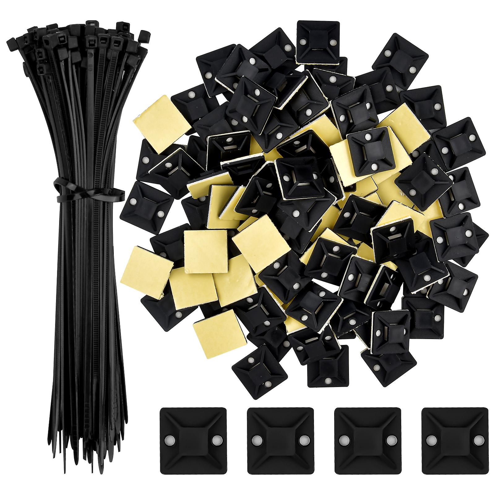 100pcs Cable Ties+adhesive Mounts For Home Office Wire Management
