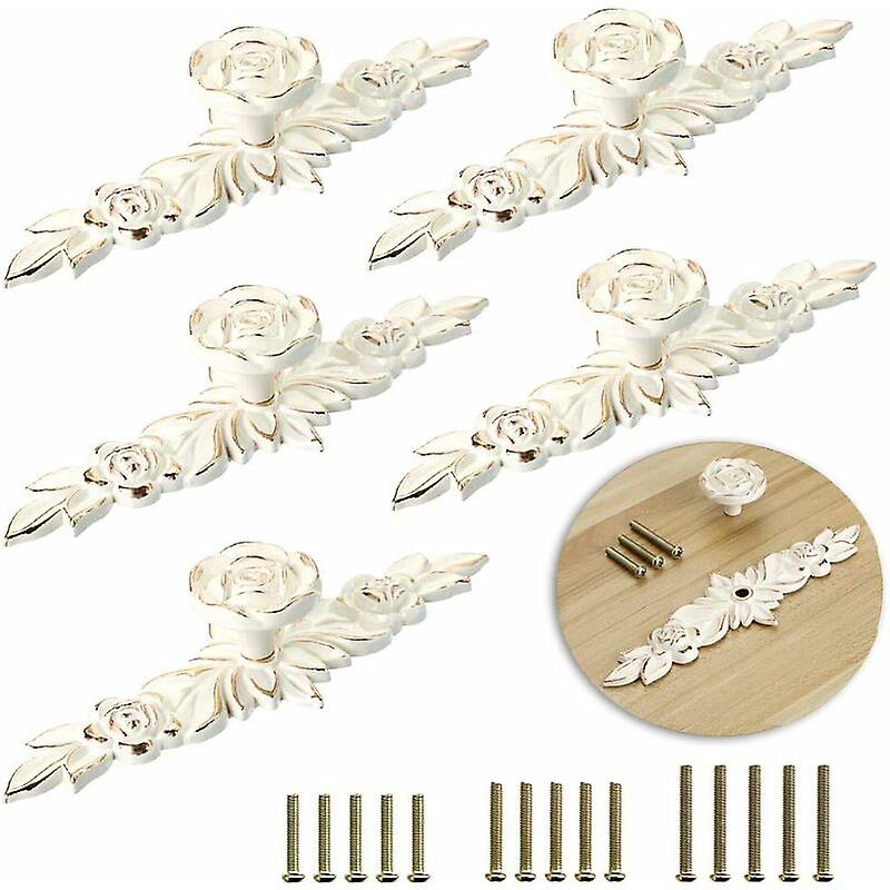 5 leaf cabinet knobs, drawer knobs for vintage cabinets, cupboards etc. (146mm, white)