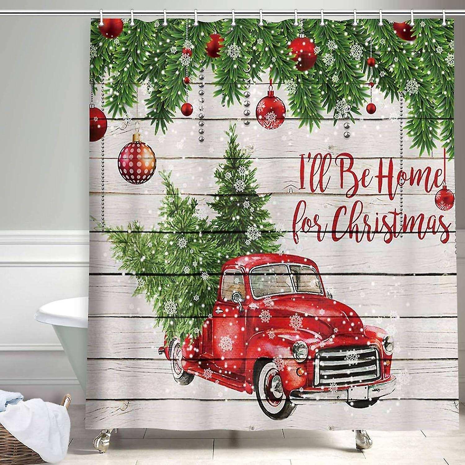 Merry Christmas Shower Curtains, Colorful Christmas Baubles with Pine Tree, Retro Red Polyester Fabr