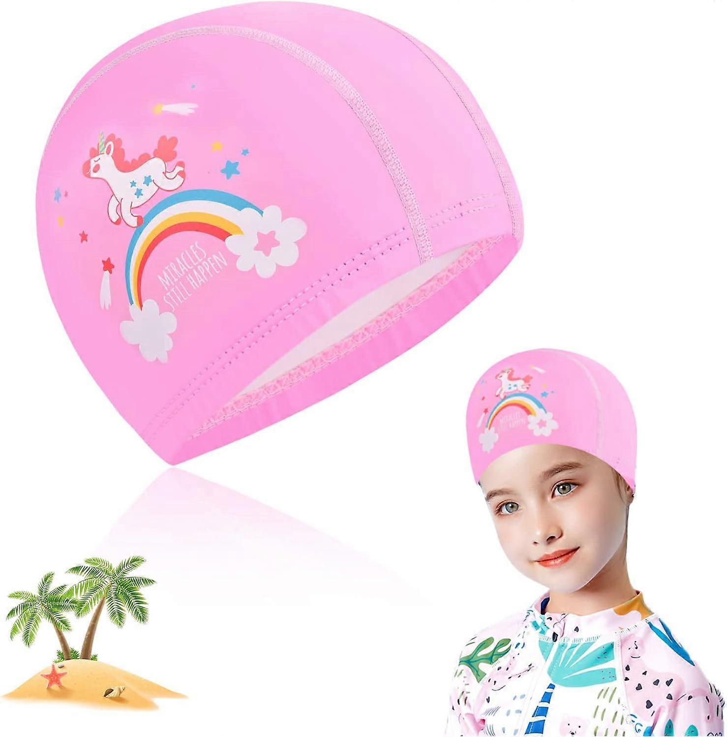 2 Pcs Kids Swimming Cap, Beautiful Cartoon PU Elastic Shower Cap, Swimming Cap with Coated Pattern, for Youth Boys Girls