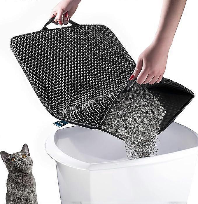 Cat Litter Trapping Mat with Handles - Water Proof Material for Easy Cleaning - Dual Layer Honeycomb Design - dipperdap (16 x 24 in, Black)