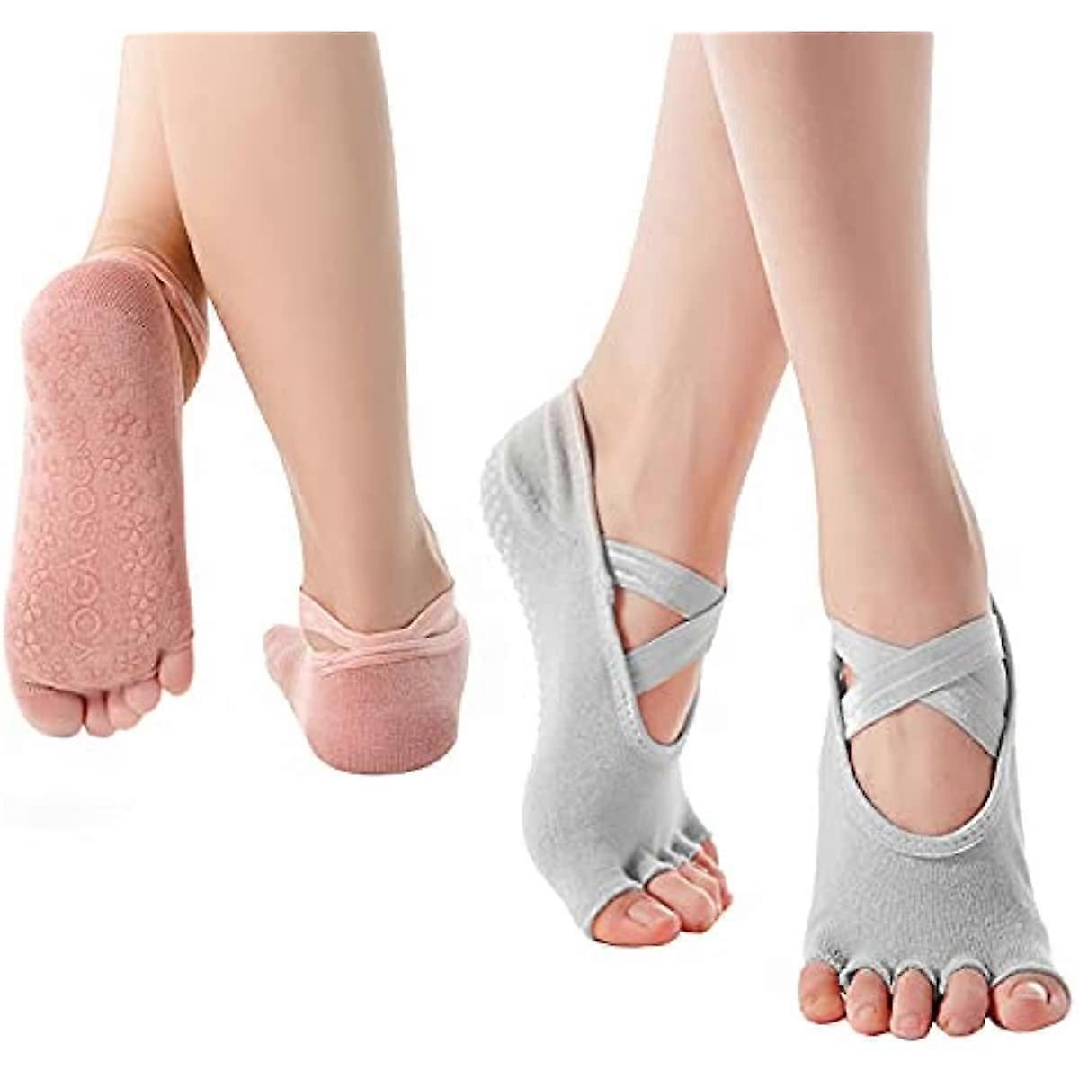 Toeless Yoga Socks, 2Pair Yoga Socks for Women with Non Slip Grips and Straps Half Toe Socks Dancing Socks for Ballet Pilates Barre Dance (Pink, Grey)