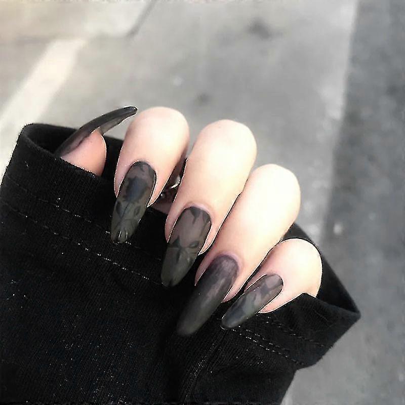 24pcs Black Rose Nail Patch Dark Style Glue Type Removable Long Paragraph Manicure Save Time False