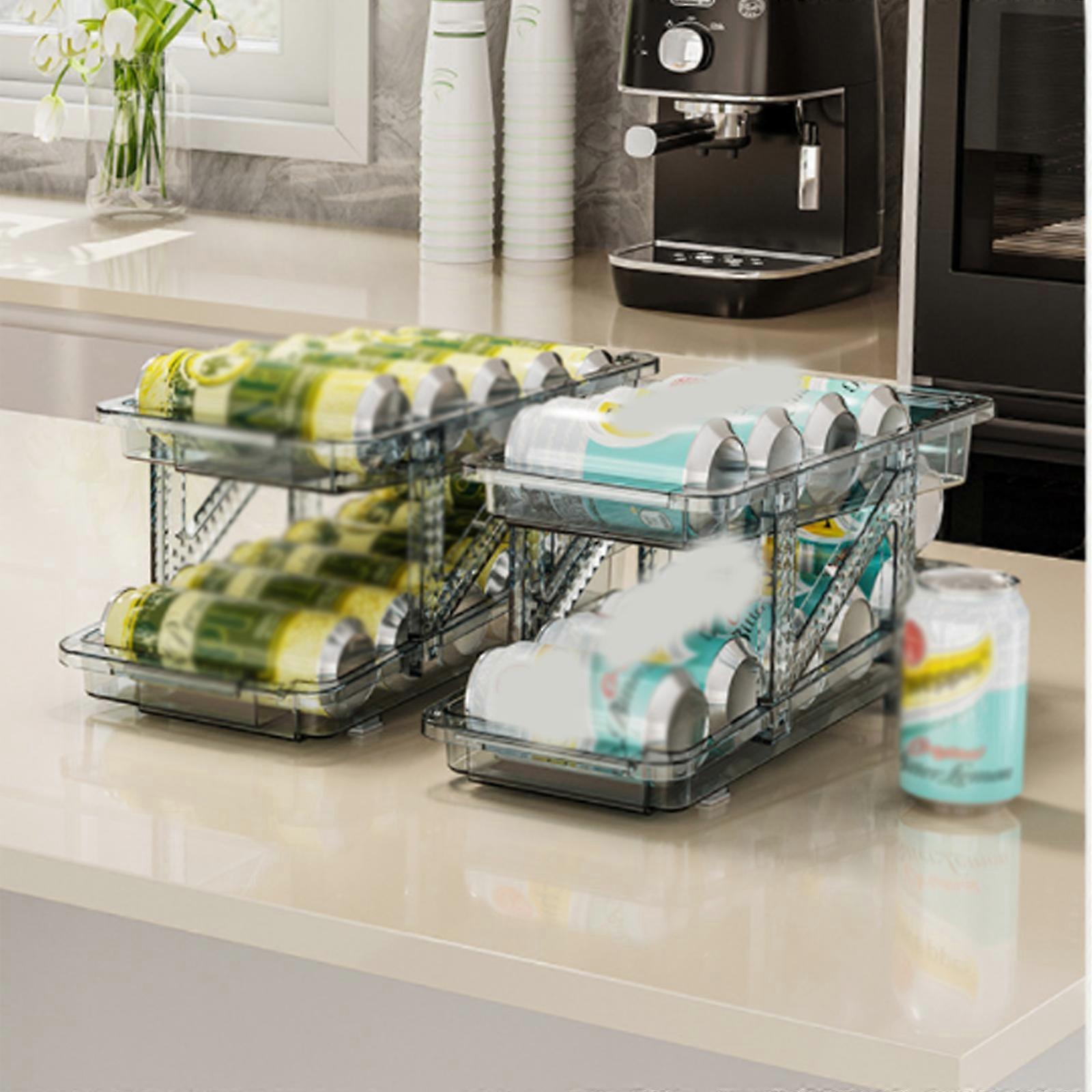 Rolling Soda Can Dispenser for Refrigerator, Double-Layer Beverage Soda Storage Organizer, Beverage Can Foldable Storage Rack for Fridge, Pantry