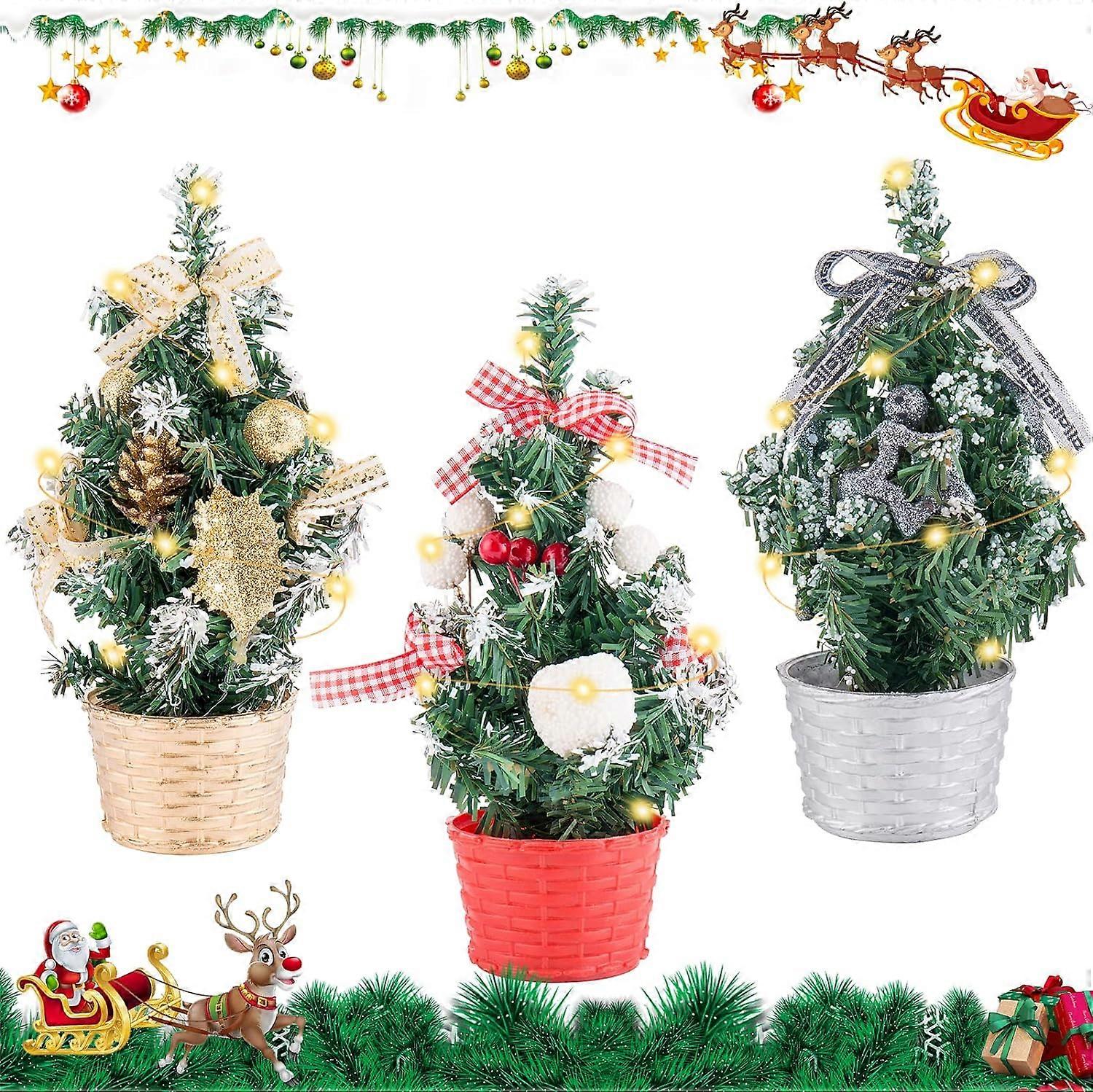 Mini Artificial Christmas Tree, 3pcs 20cm Mini Tabletop Christmas Tree with Lights, LED Lighted Christmas Tree