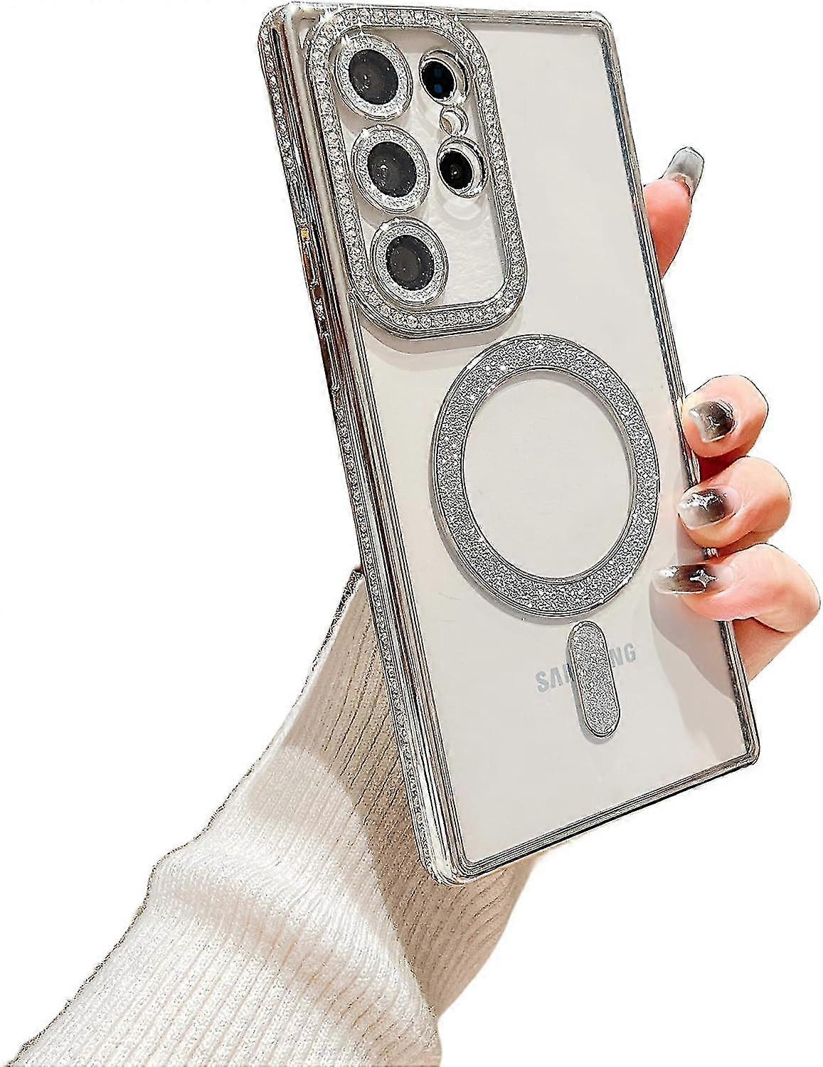 For Samsung Galaxy S24 Ultra Magnetic Case with Glitter Diamond Camera Protector, Plating Bling Rhinestones Transparent Cover