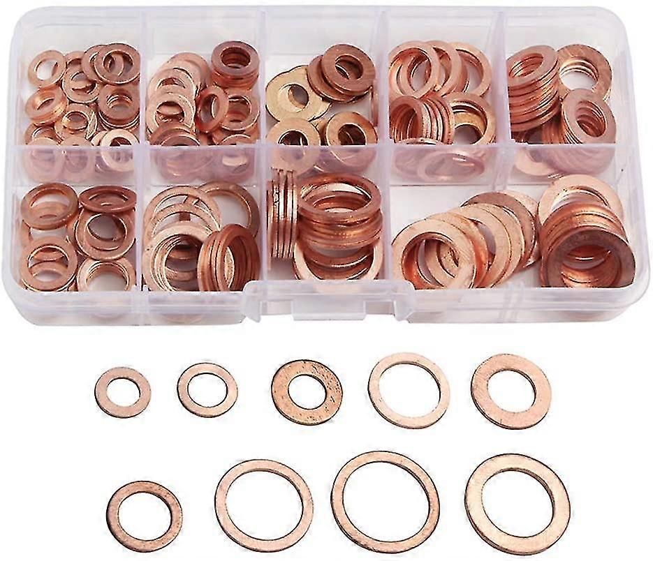 200pcs Copper Flat Washer Ring Metric Washer Box Gasket Assortment 9 Sizes M5-m14 With Box
