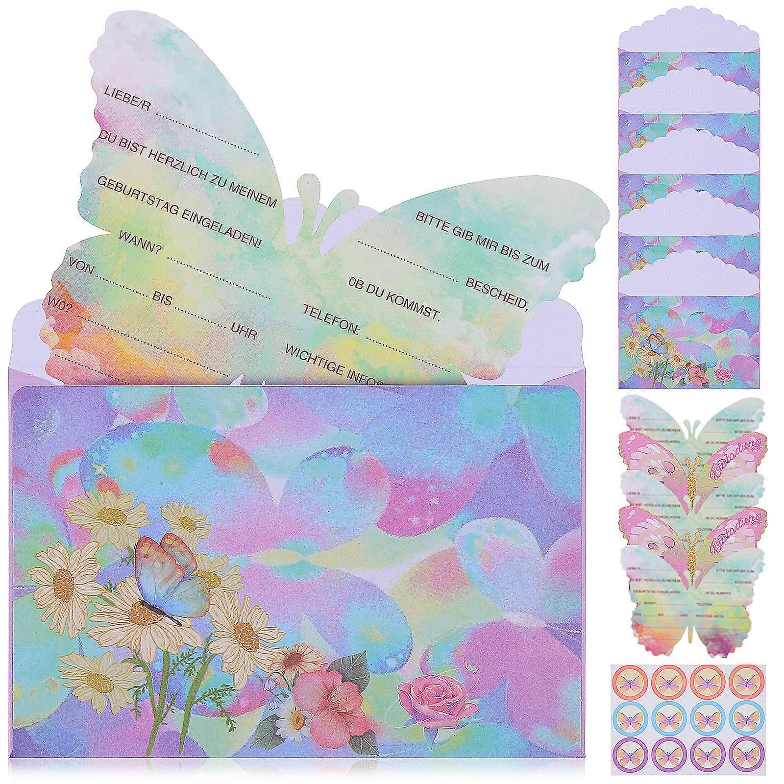 12 Sets Butterfly Invitation Cards German Printed Invitations with Butterfly Stickers and Envelopes
