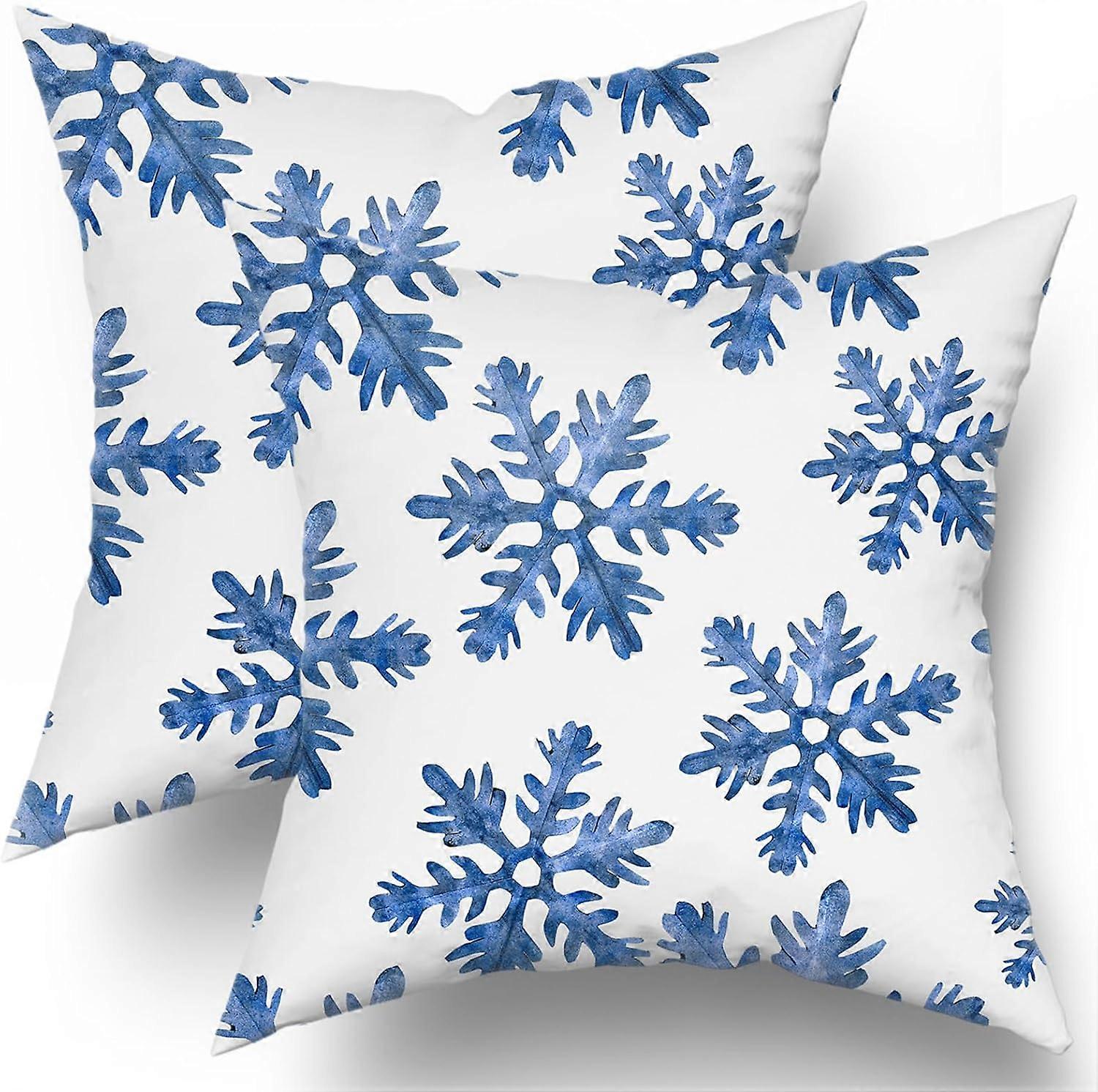 青い雪のフレーク冬の枕カバー20X20インチ2つの落下雪の結晶クリスタルクリスマス白い枕ケースクリスマスホリデーコットンクッションケース遠いセット