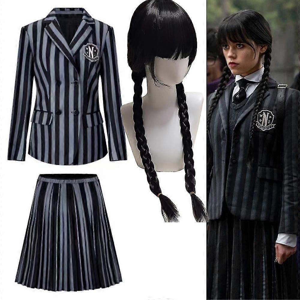 2023 Costume de la série Wednesday Addams, mercredi Addams Series Cosplay Dress, Halloween Party Fancy Dress Up pour les femmes filles adultes enfants, cadeaux pour ajouter