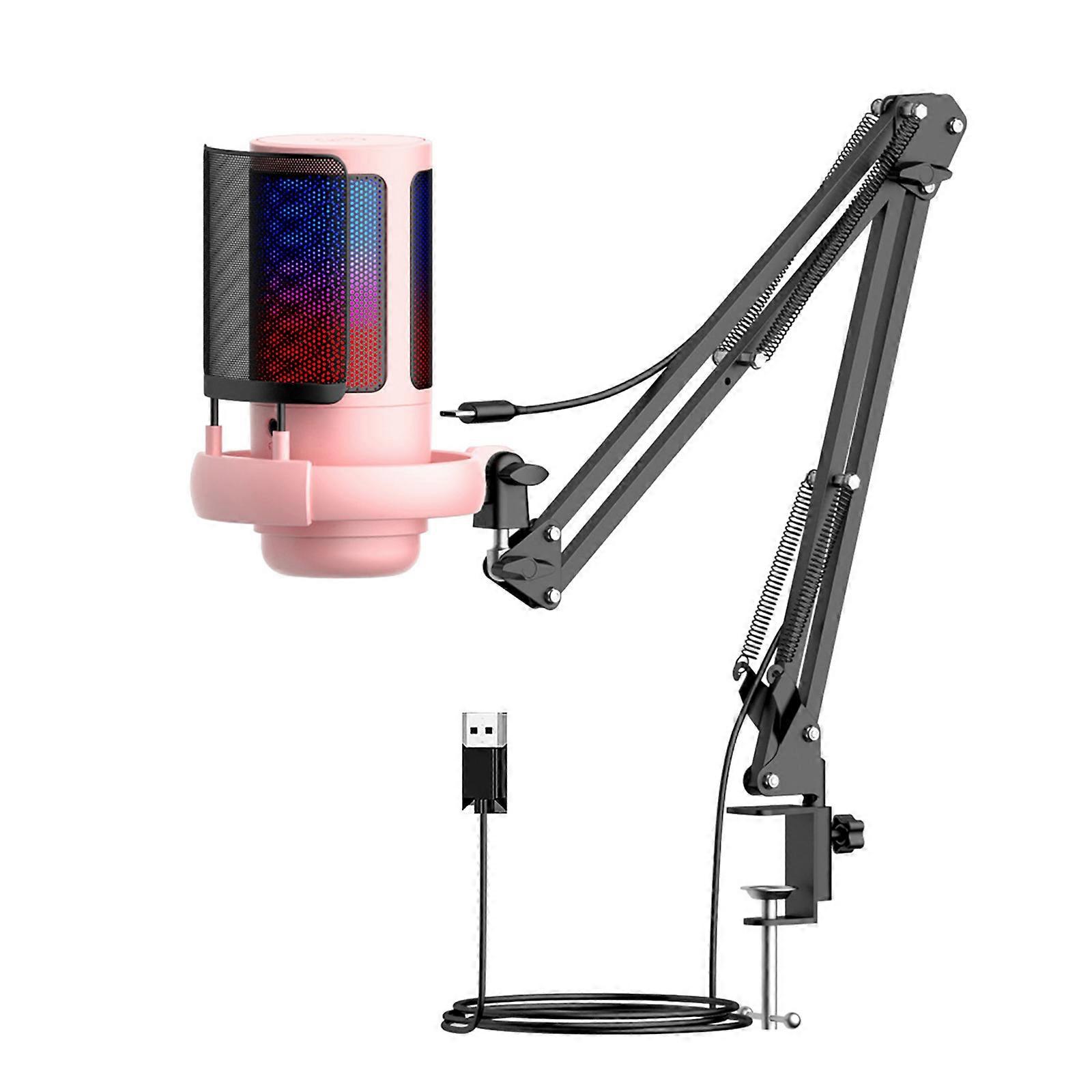 USB Gaming Mic Condenser Microphone LED Cool Lighing Feature for PC with Flexible Arm and Real Time Sound Monitoring  pinks