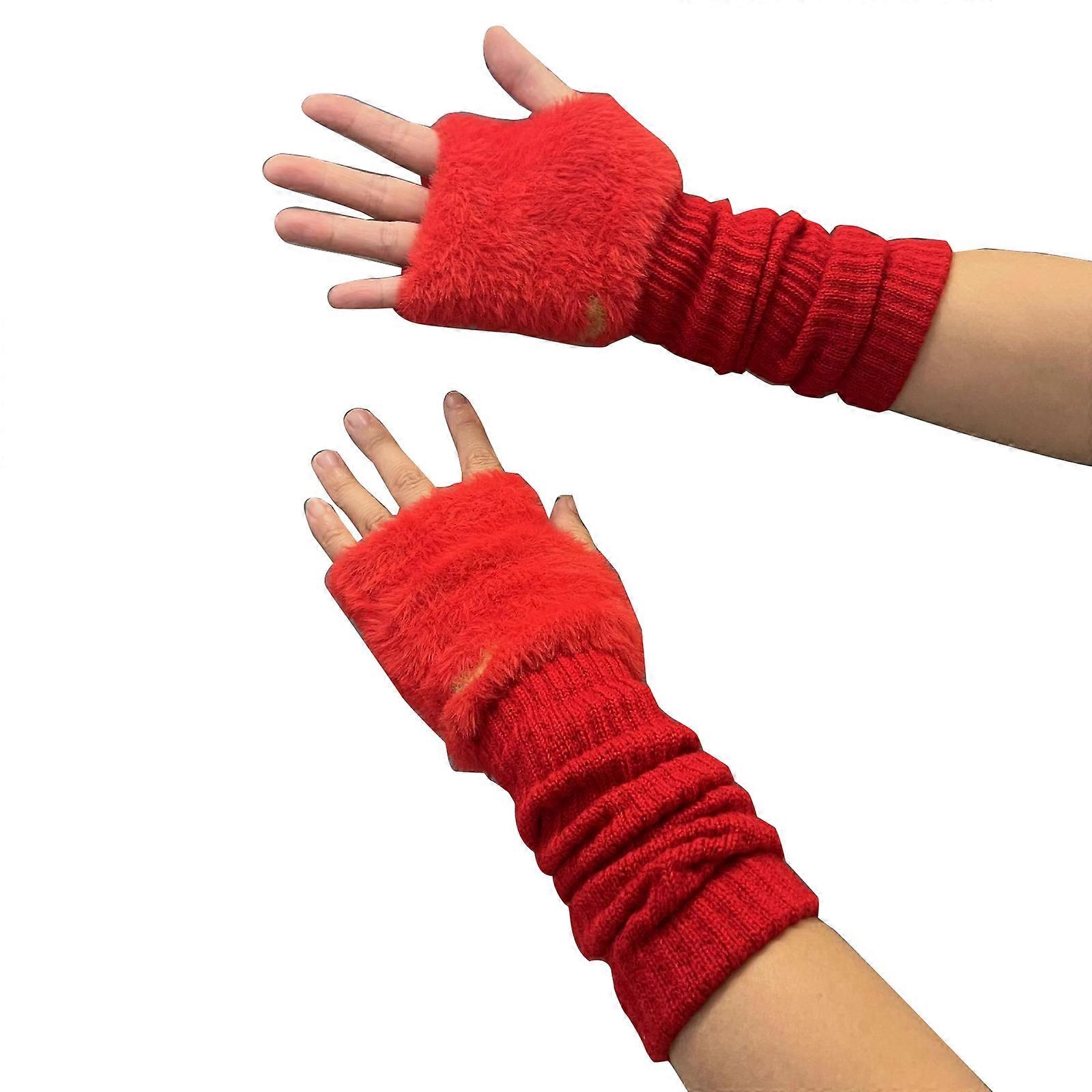 Y2Kスクーチーアームスリーブ女性用手作りかぎ針編みぬいぐるみフィンガーレスグローブウィンターグローブガールズアームスリーブハンドウォーマーレッド