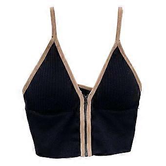 Ladies Deep V Neck Cami Crop Top Sexy Padded Camisole Slim Spaghetti Strap Bra Short Top Backless for Tank Top with Zipp  Blue