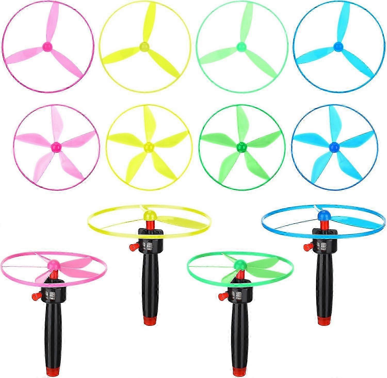 12-Piece Flying Saucer Helicopter Toy Set with 4 String Launchers and 8 Saucer Disc Launchers