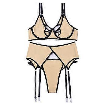 Frauen Dessous Set Hollow Up Mesh durchsichtig Strumpfband Doppelte Schultergurte 3 Stück Nachtwäsche
