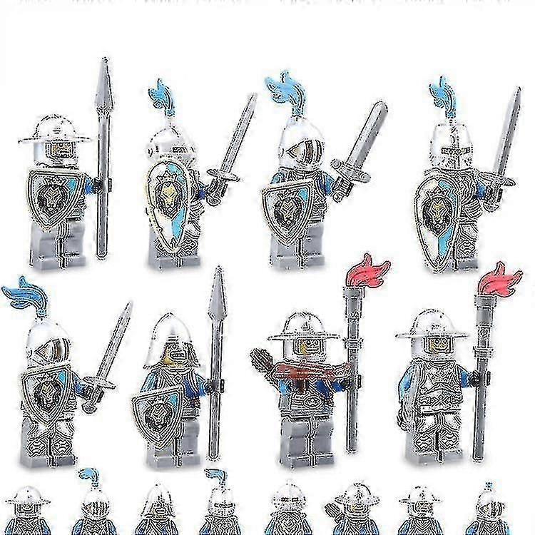 8 Pcs Medieval Military Knight Figures Building Block Blue Lion Soldier Assembling Toy