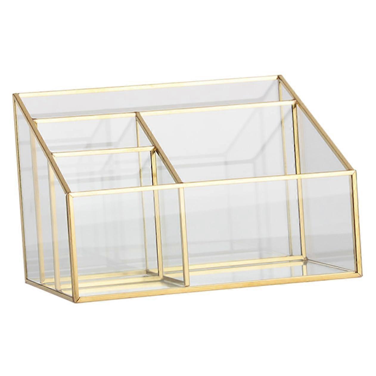 Metal Frame Glass Storage Box Makeup Organizer with Chrome Finish, Cosmetic Brush Holder, Desk Display Case for Makeup Storage