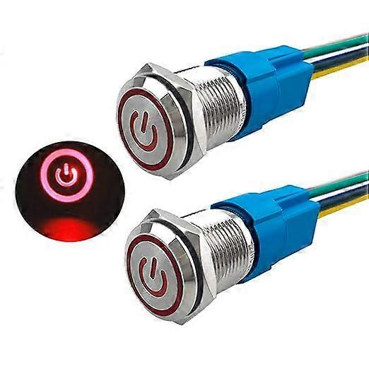 2 Pieces 16 mm Self-Locking Push Button Switch, 12V/24V 5A IP65 Waterproof Stainless Steel Push Button Switch, with Pre-Wired Socket (Red LED)