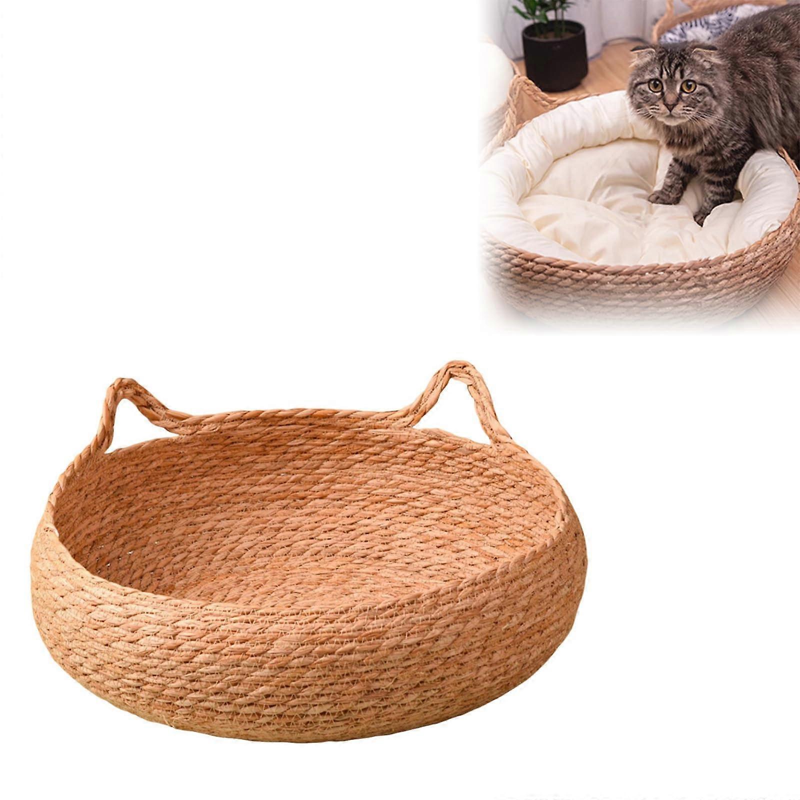 Woven Straw Cat Nest – Handmade Wicker Pet Bed for Cats Dogs Rattan Basket with, Cool Furniture Protective Design (Light Brown, L)