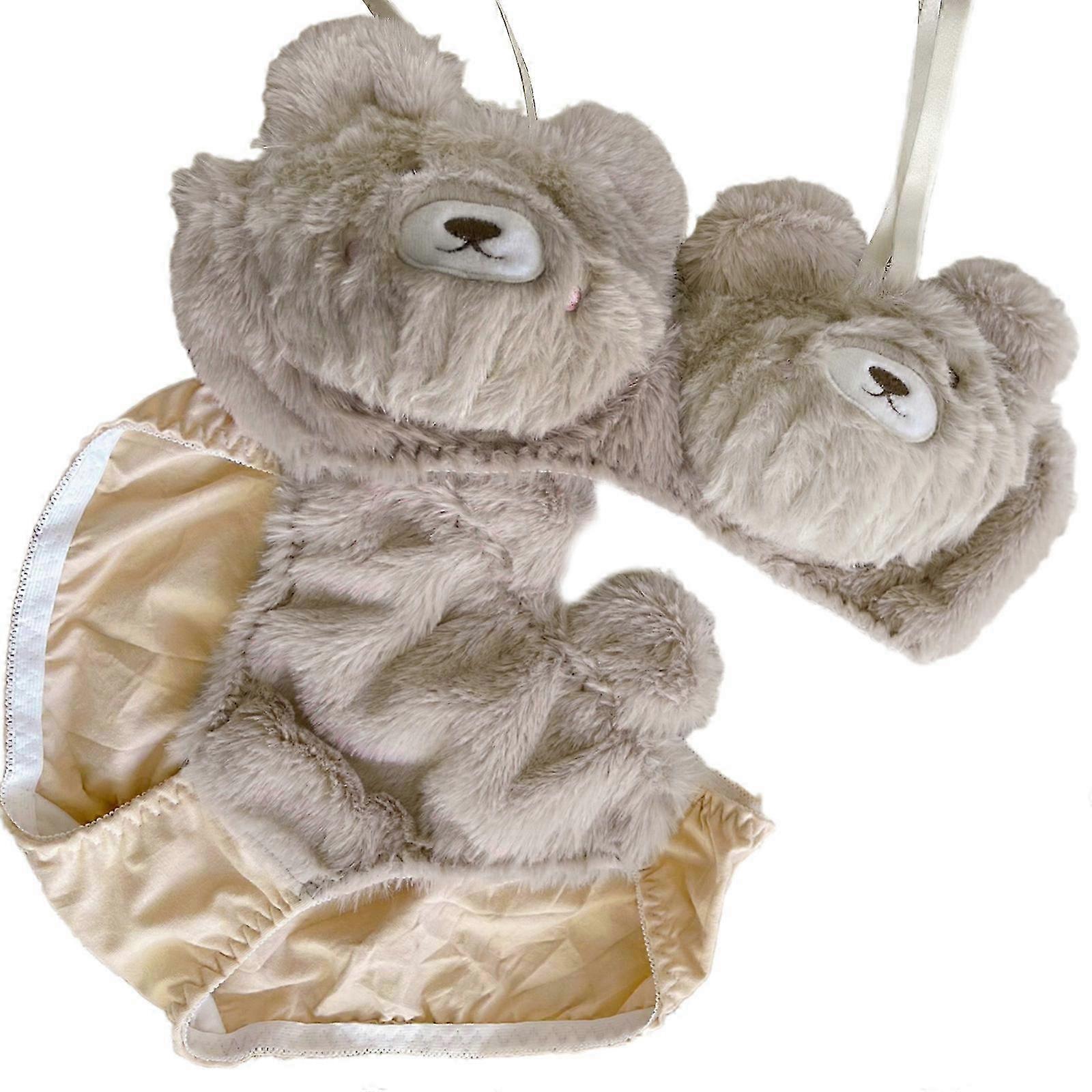 日本のかわいいクマのぬいぐるみブラジャーとパンティーセット漫画アニメ女性のブラジャーギャザーランジェリーブリーフ毛皮のような下着セットアプリコット