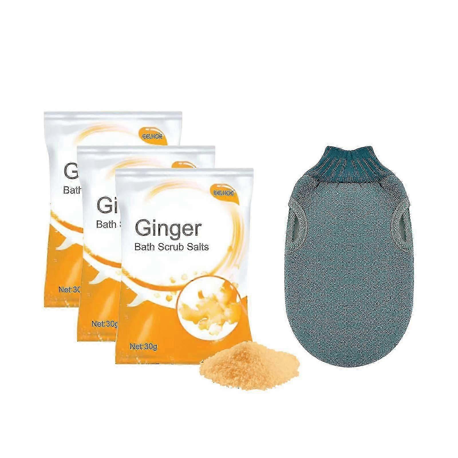 Eelhoe Ginger Bath Scrub Salt 3 Pack + Bath Gloves