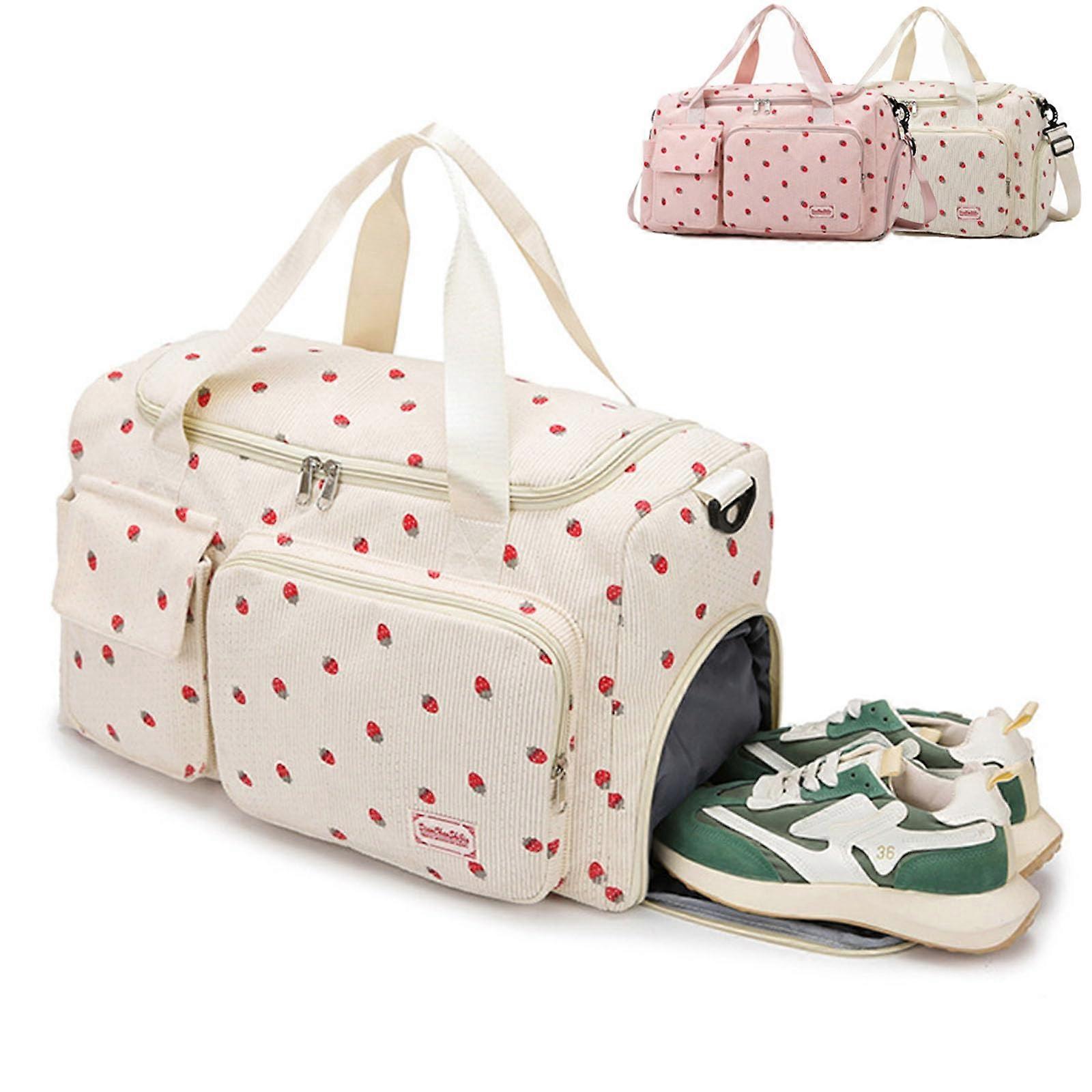 Strawberry Duffel Bag for , Corduroy Gym Bag with Shoe Compartment (white)