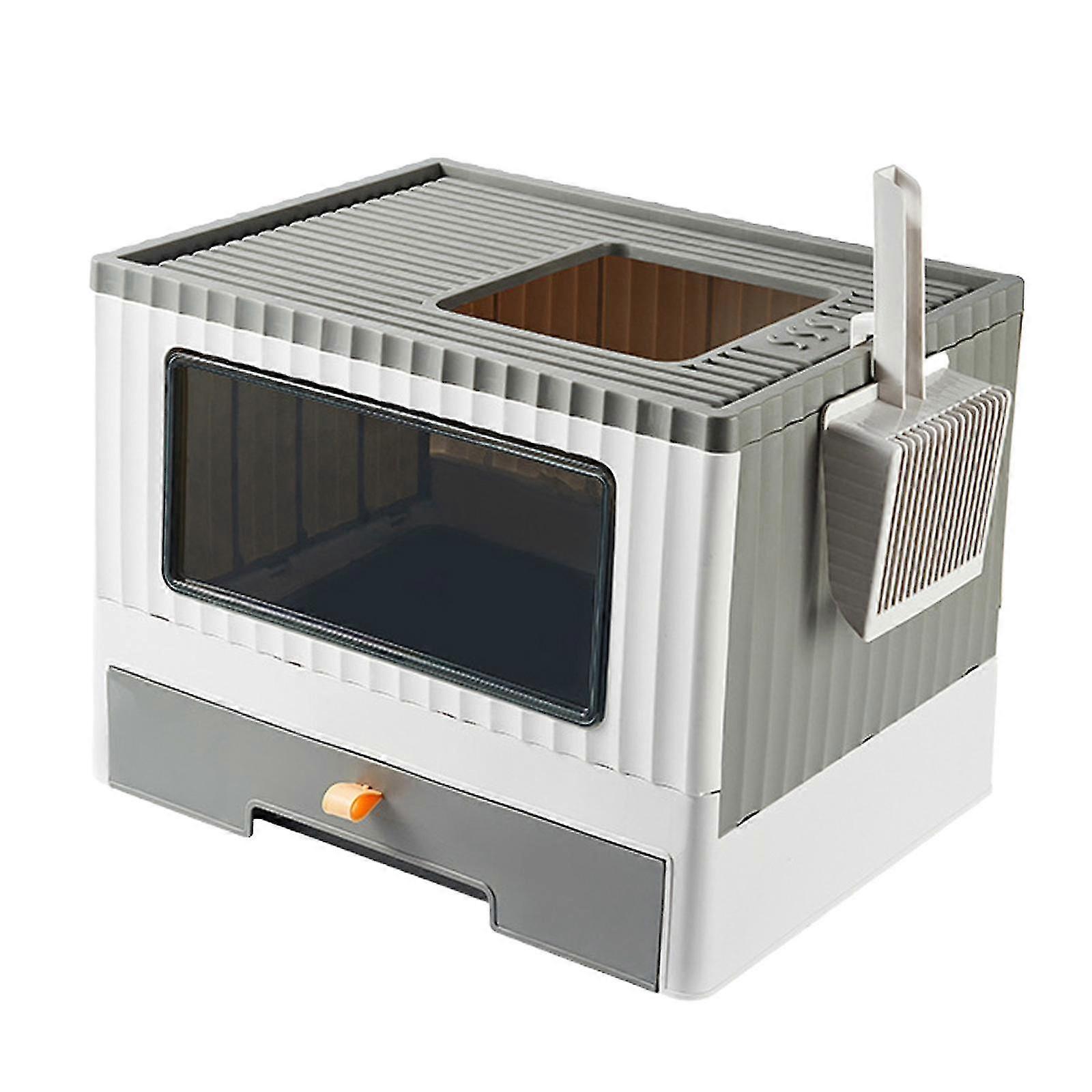 Portable Hooded Cat Litter Box with Spoon for Cats and Small Animals, Top Entry and Exit Design, Enclosed Pet Litter Tray with Folding Featu