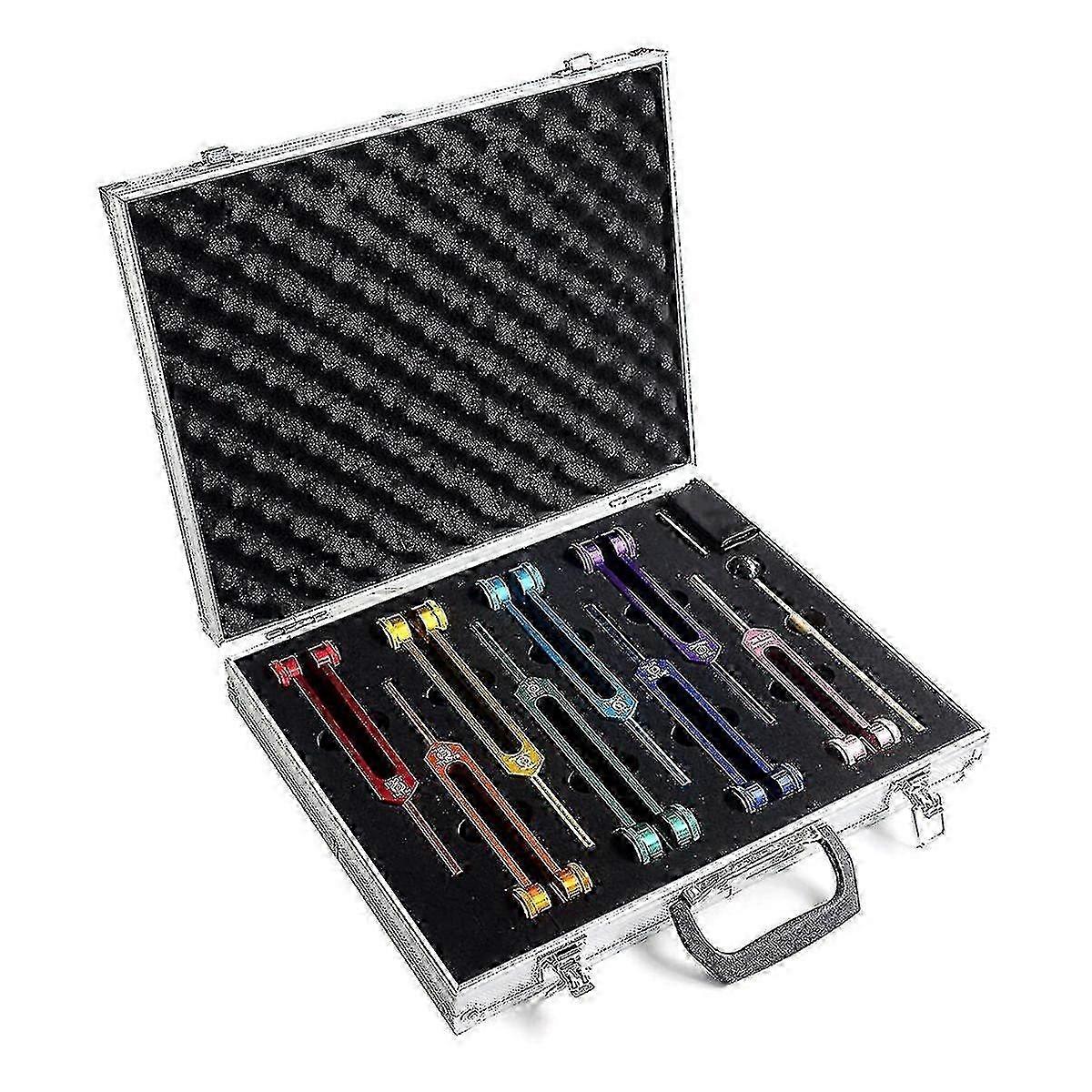 Ensemble de diapasons de chakra pour la guérison, la thérapie sonore, garder le corps, avec maillet en caoutchouc, clé, chiffon de nettoyage et boîte en aluminium JSTR