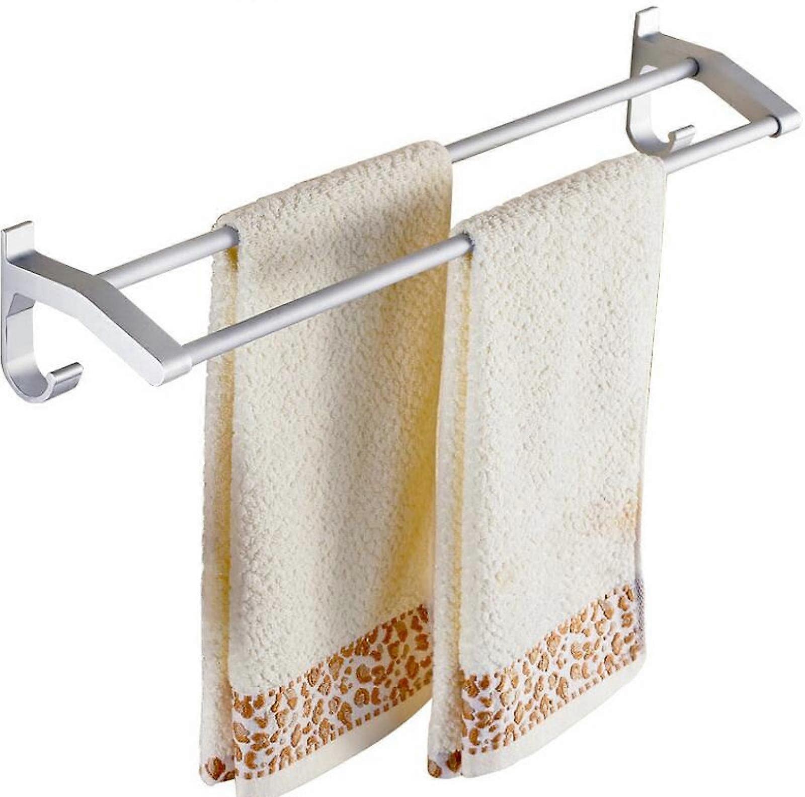 Double Towel Rail Aluminium 90 cm Wall Mounted with Hooks No Drilling for Bathroom and Kitchen Storage Solutions