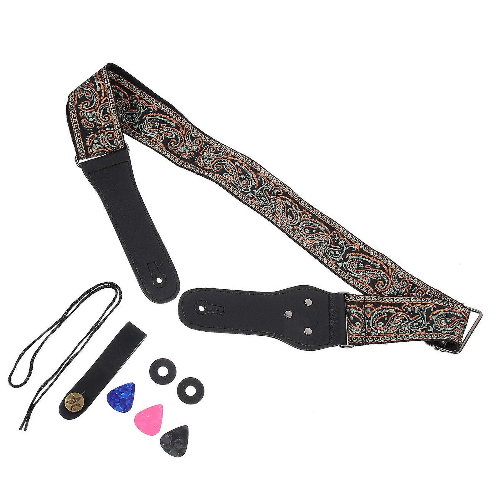 Creative Bohemian Style Guitar Strap Set Durable & Skin Friendly Electric Guitar Belt in Green with Brown Embroidery