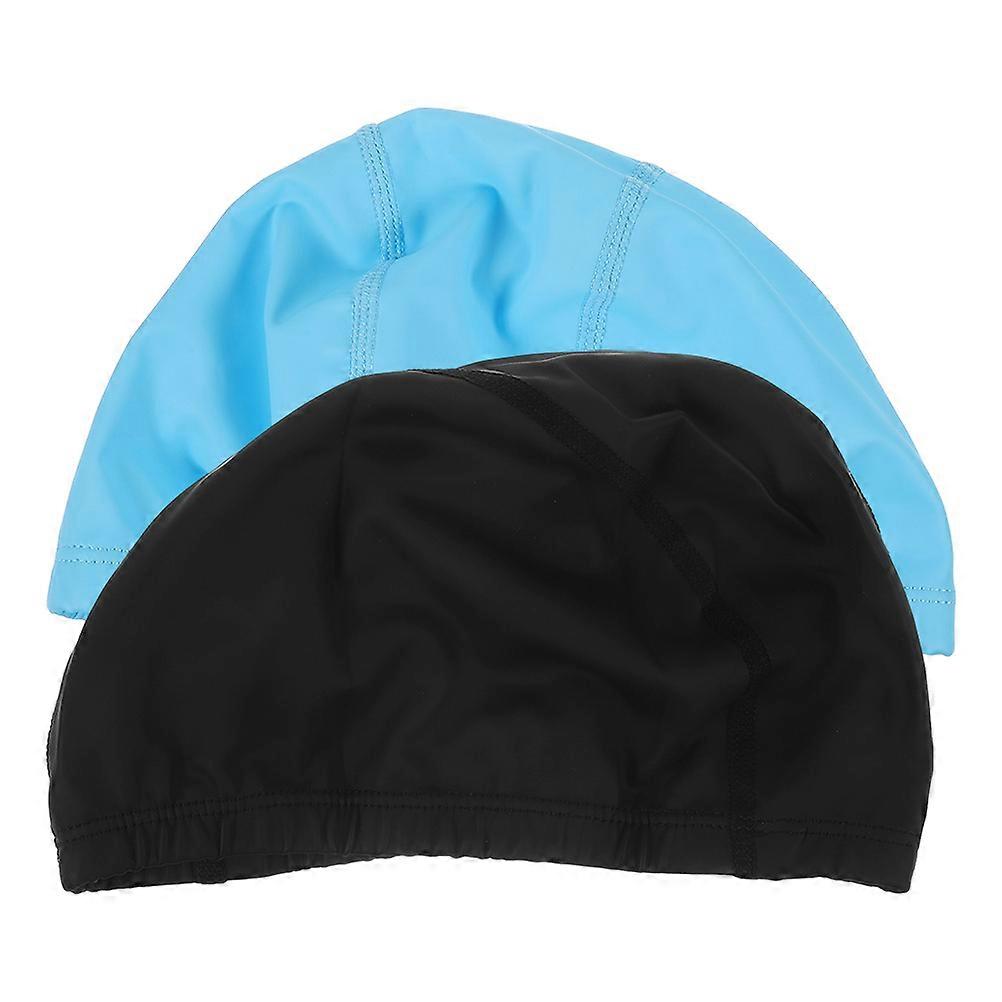 2pcs Swim Caps for Men and Women Elastic Skid Resistant Swimming Hats for Long Hair and Braids Includes Blue and Black Caps